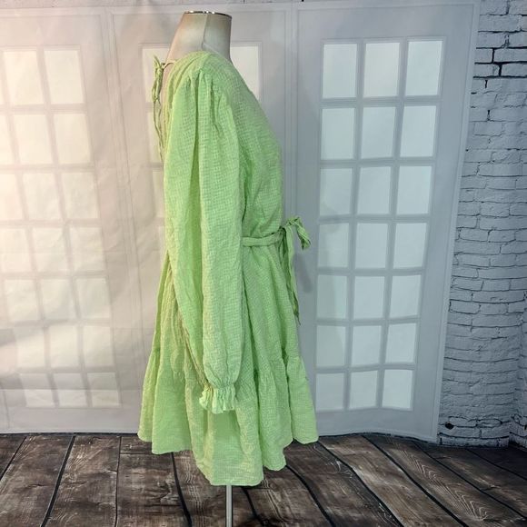 Eloquii NWT lime green long sleeve tie waist mini ruffle hem dress size 26 - Picture 6 of 12